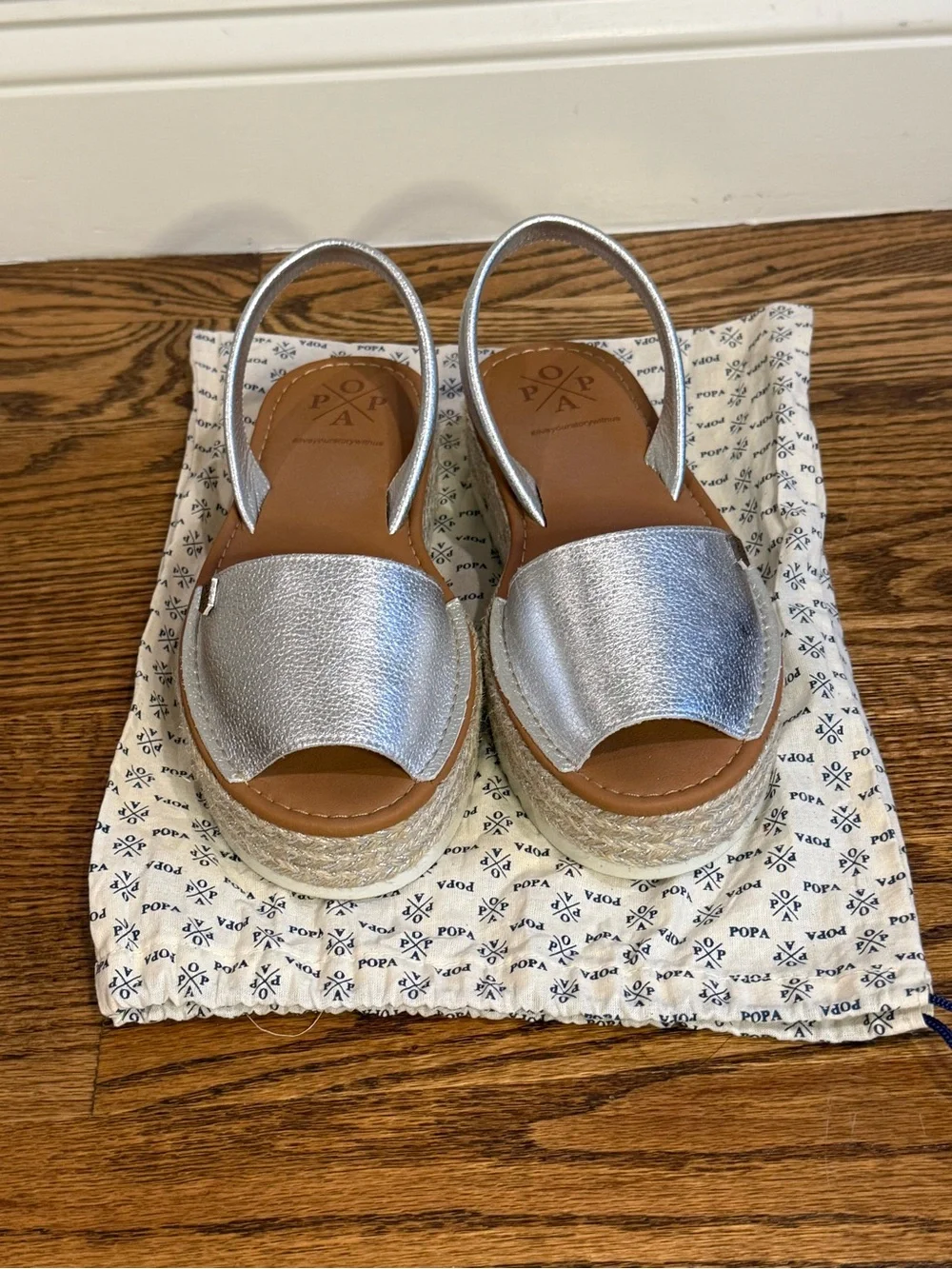 Popa Silver Leather Espadrille Slingback Sandals - Women's